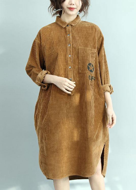 Simple yellow corduroy Tunic side open Knee fall Dresses
